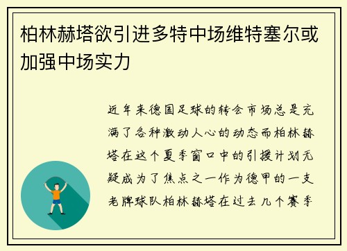 柏林赫塔欲引进多特中场维特塞尔或加强中场实力