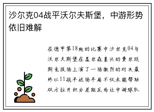 沙尔克04战平沃尔夫斯堡，中游形势依旧难解