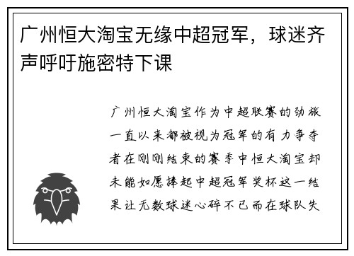 广州恒大淘宝无缘中超冠军，球迷齐声呼吁施密特下课